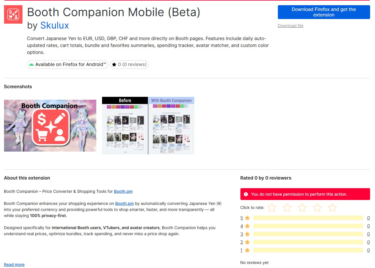 Placeholder illustration of the Firefox for Android Booth Companion Mobile beta listing